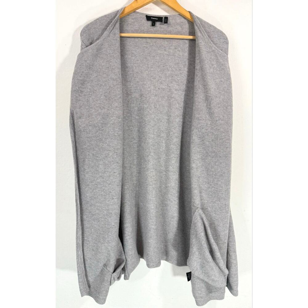Theory Gray Merino Wool Blend Longline Open Front Pocket Cardigan Small Chic - Picture 10 of 11
